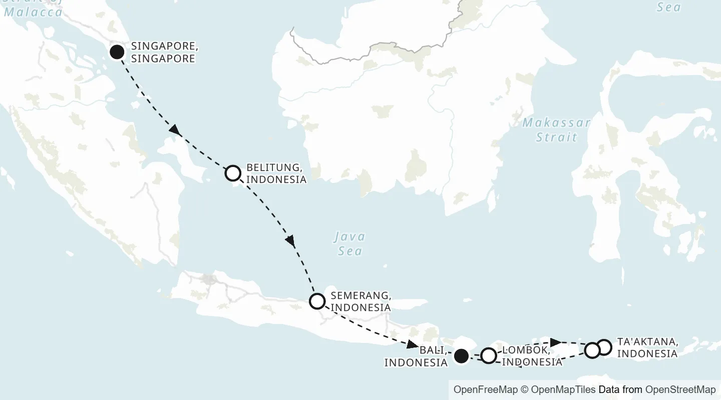 Route map: Singapore to Bali