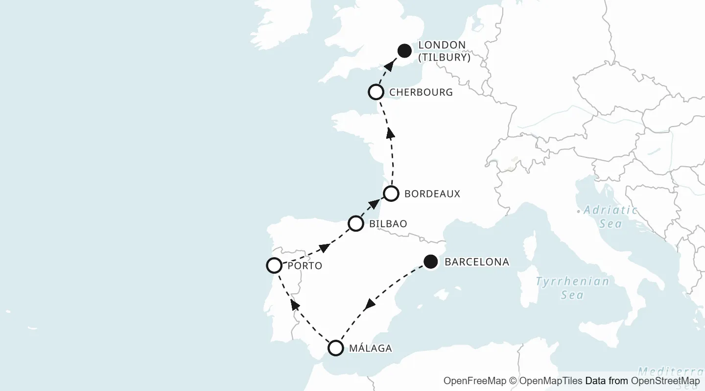 Route map: Barcelona to London (Tilbury)
