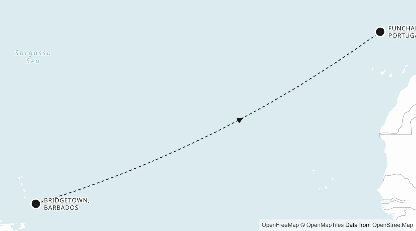 Route map: Bridgetown to Funchal