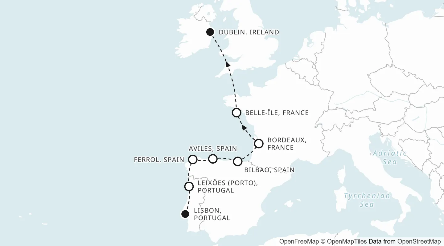Route map: Lisbon to Dublin