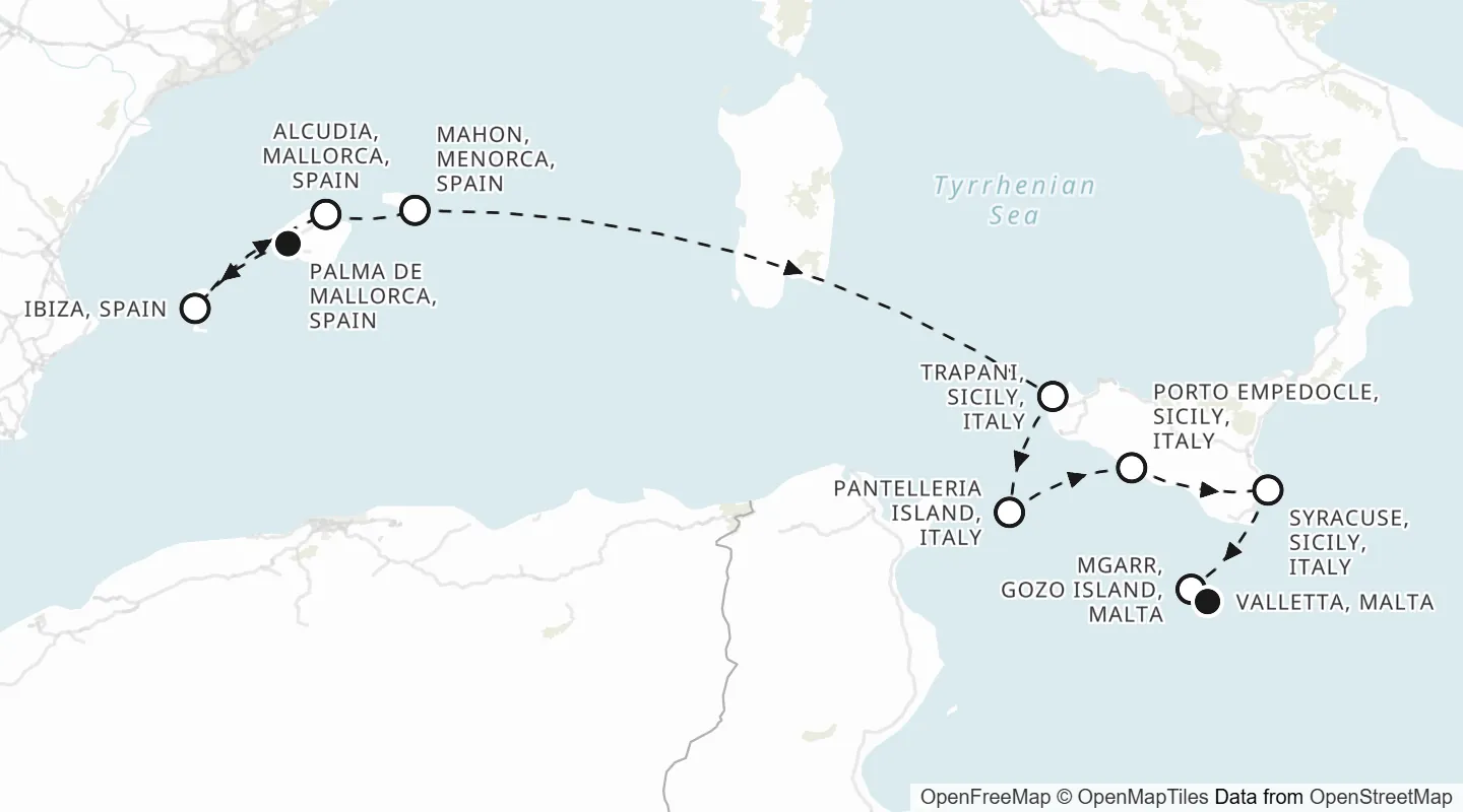 Route map: Palma Mallorca to Valletta
