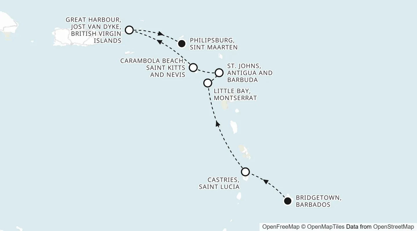 Route map: Bridgetown, Barbados to Philipsburg, Sint Maarten