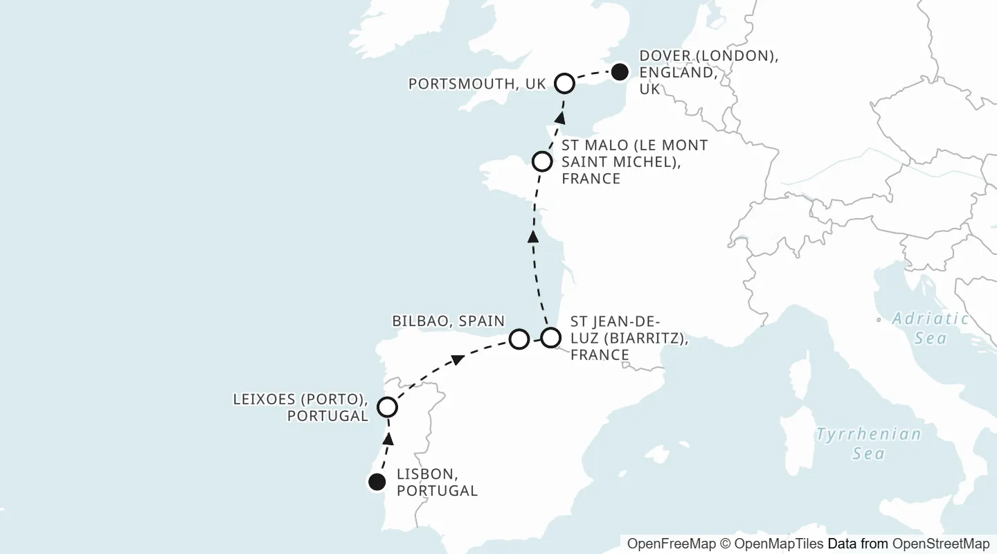 Route map: Lisbon, Portugal to Dover (London), England, UK