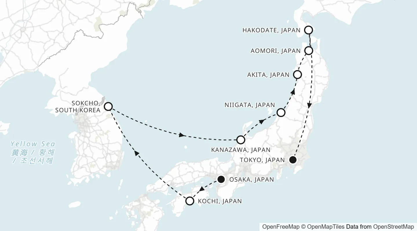Route map: Osaka, Japan to Tokyo, Japan