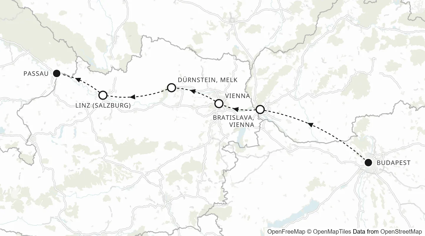 Route map: Budapest to Passau