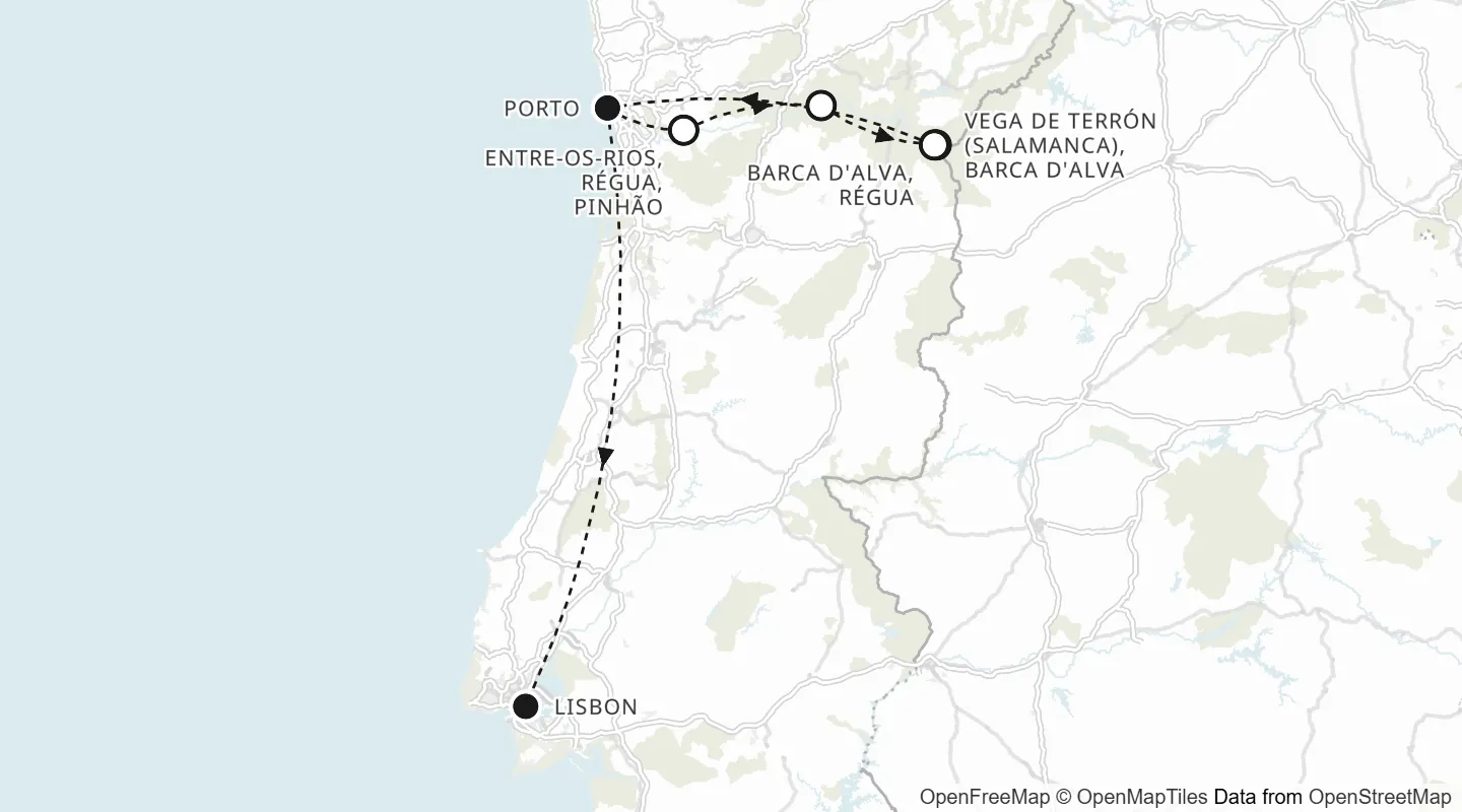 Route map: Porto to Lisbon
