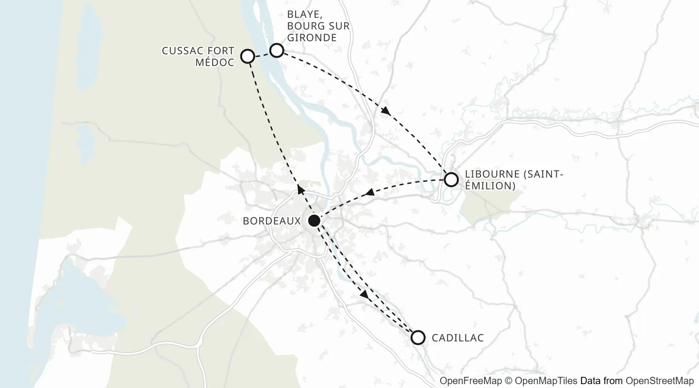 Route map: Bordeaux to Bordeaux