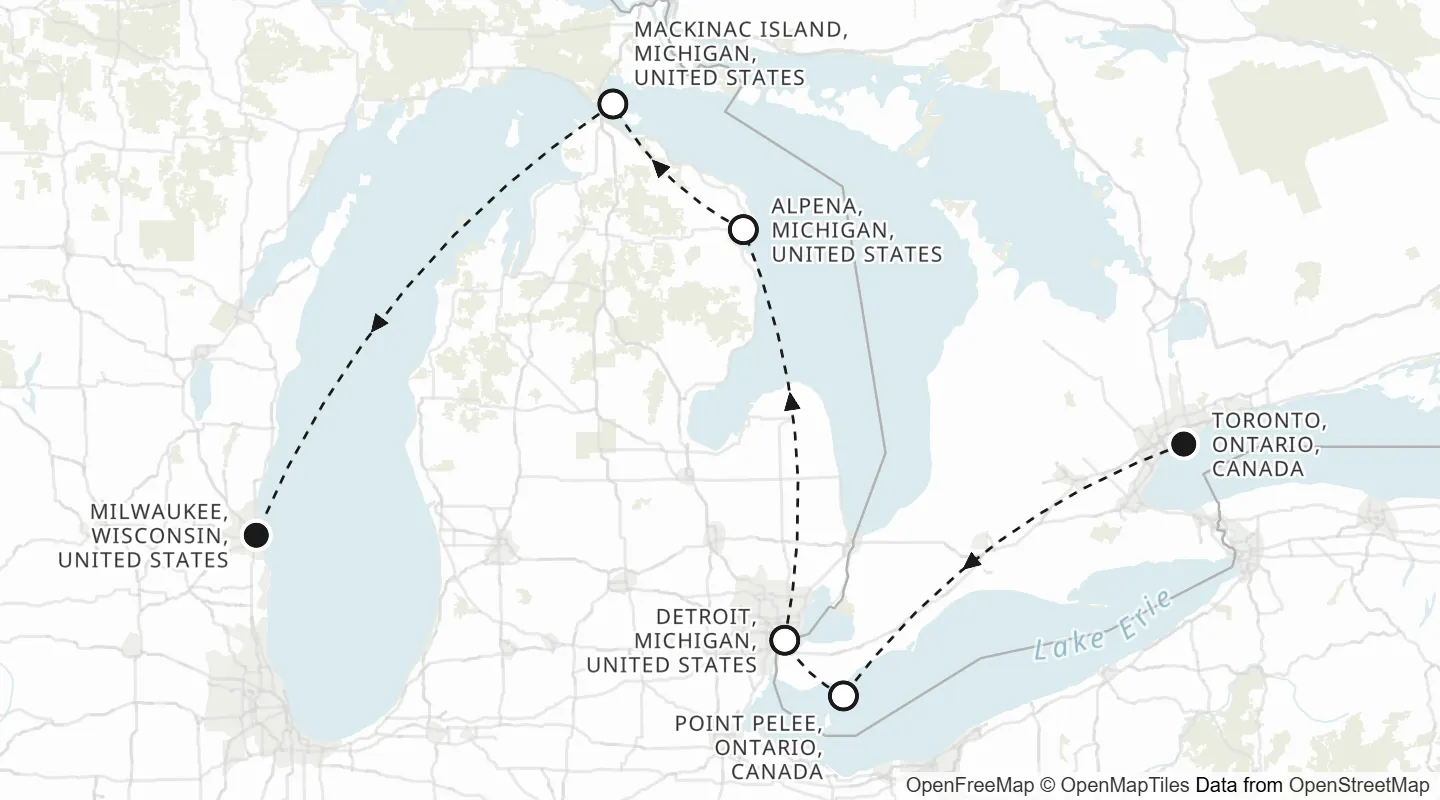 Route map: Toronto, Ontario to Milwaukee, Wisconsin