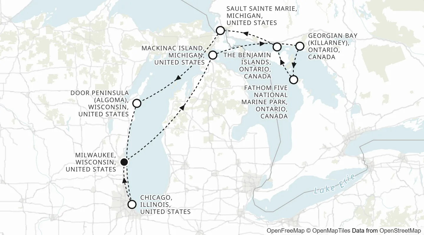 Route map: Milwaukee, Wisconsin roundtrip