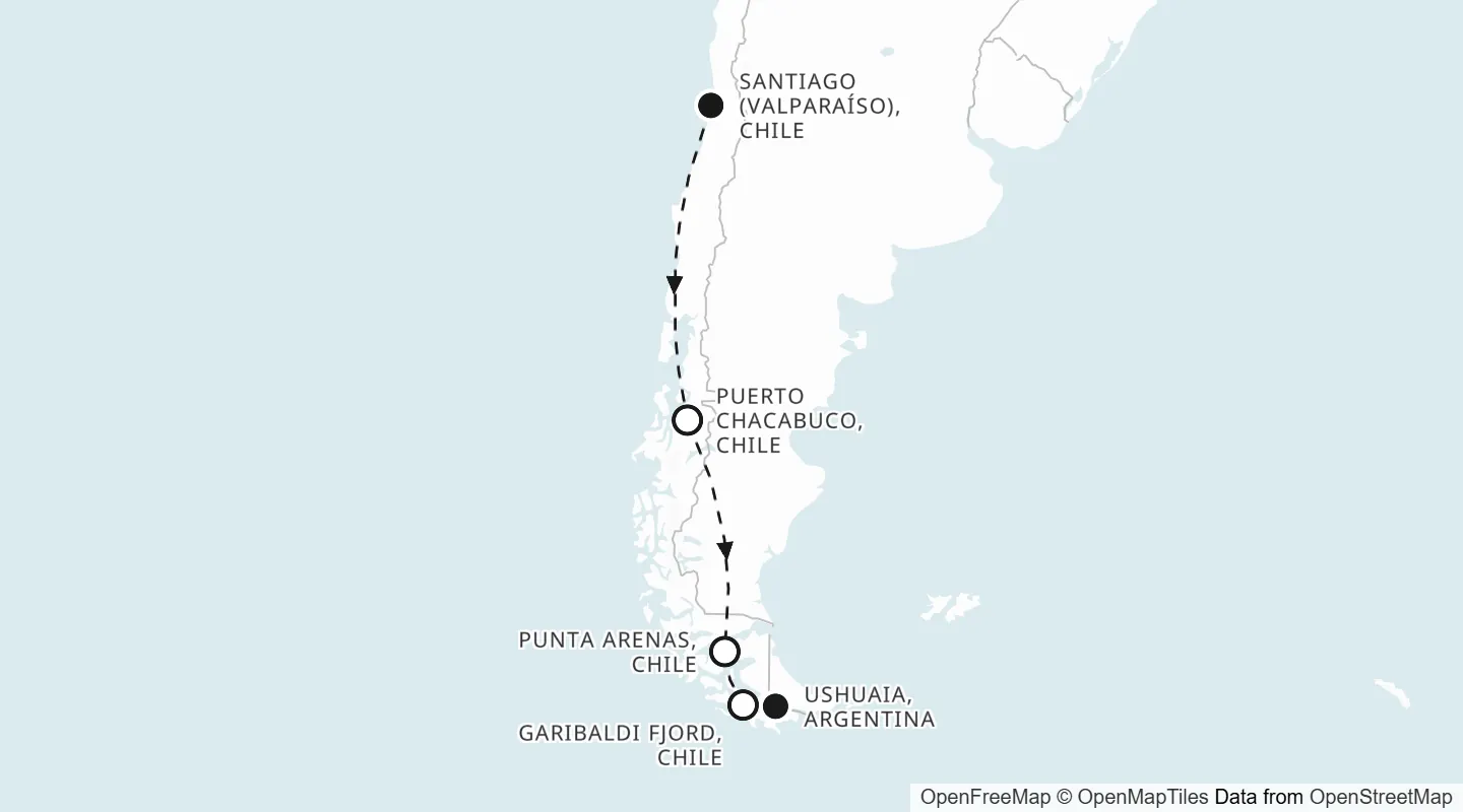 Route map: Santiago (Valparaiso) to Ushuaia