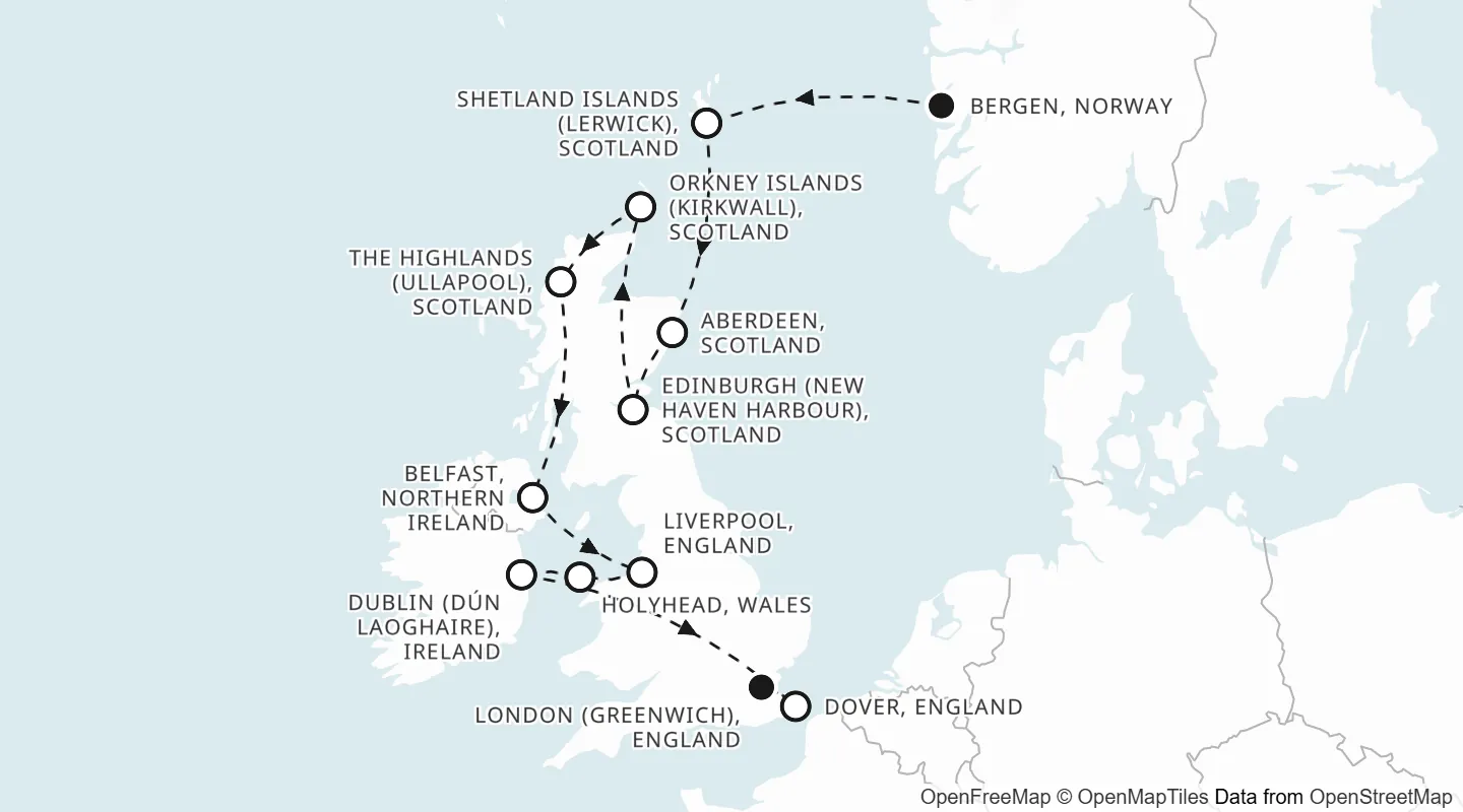 Route map: Bergen to London (Greenwich)
