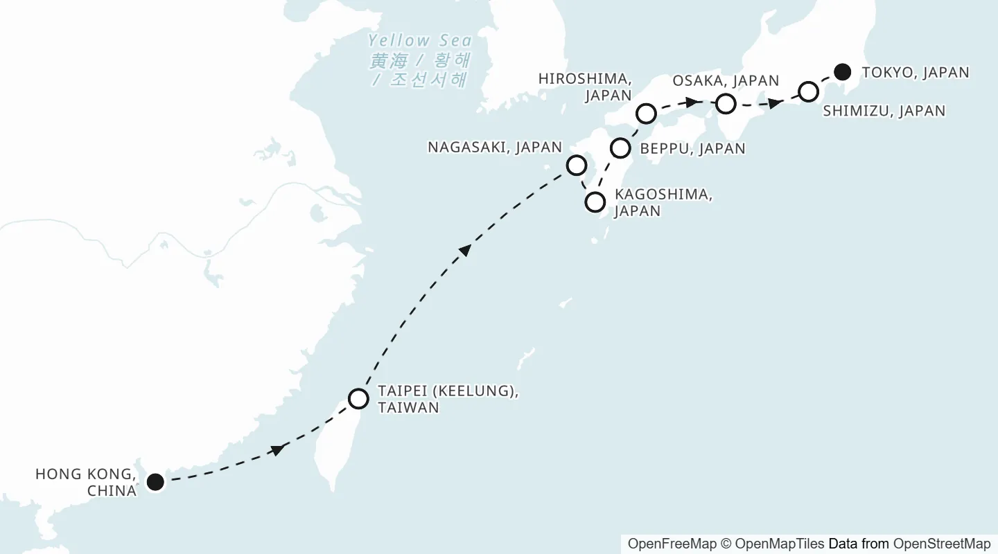 Route map: Hong Kong to Tokyo