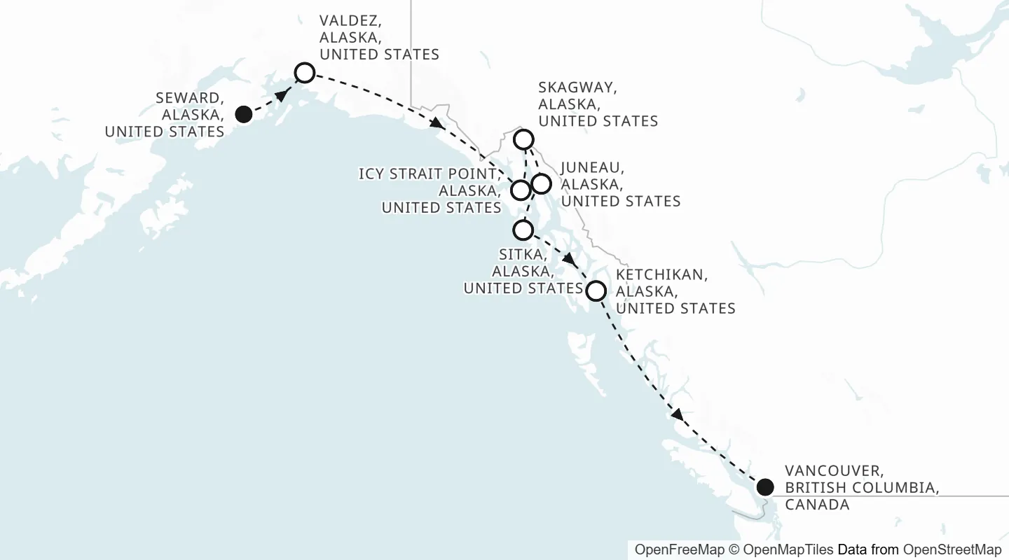 Route map: Seward, Alaska to Vancouver, British Columbia