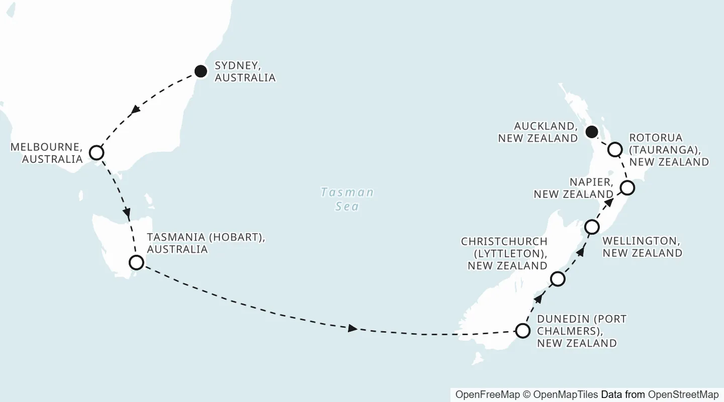 Route map: Sydney to Auckland