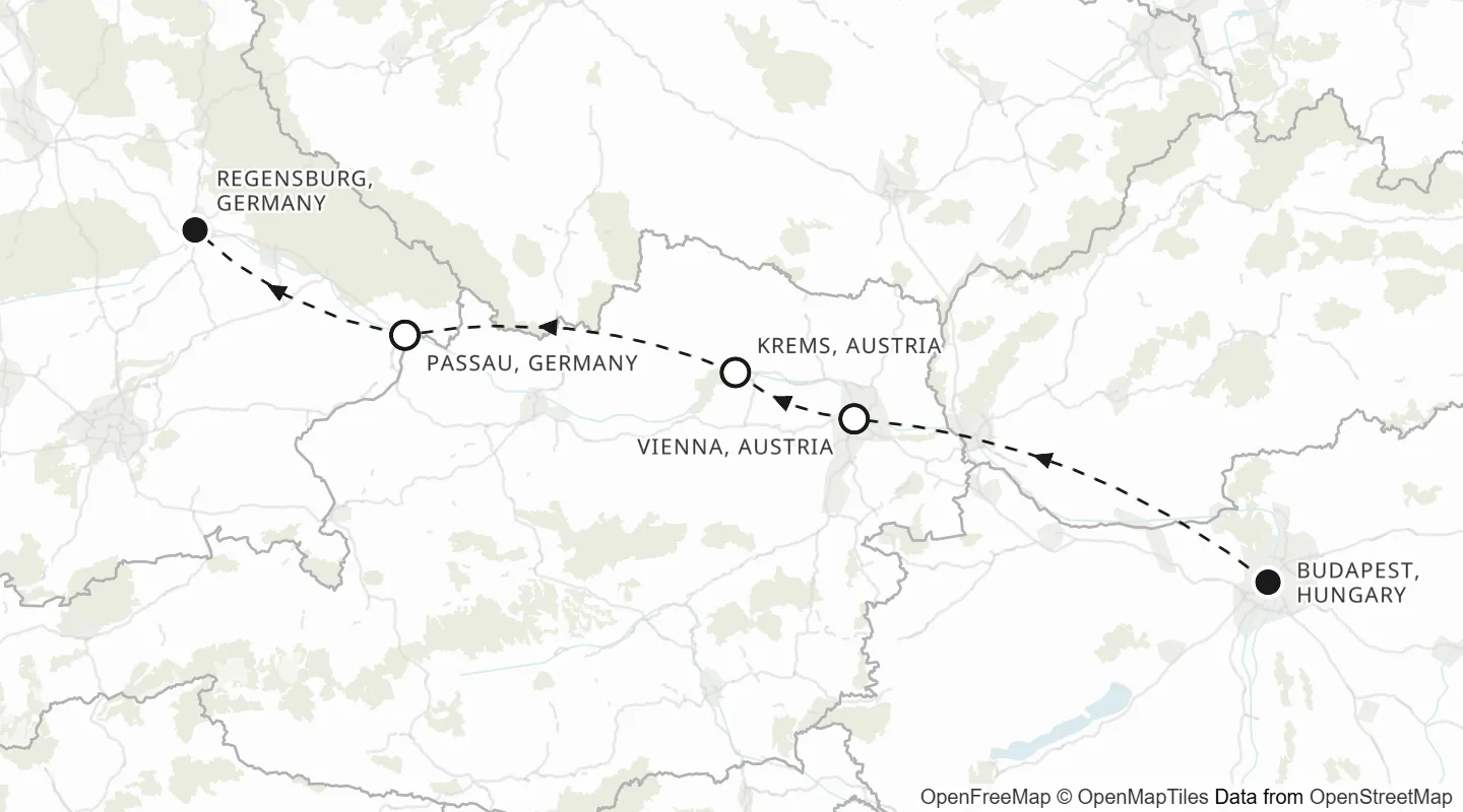Route map: Budapest to Regensburg