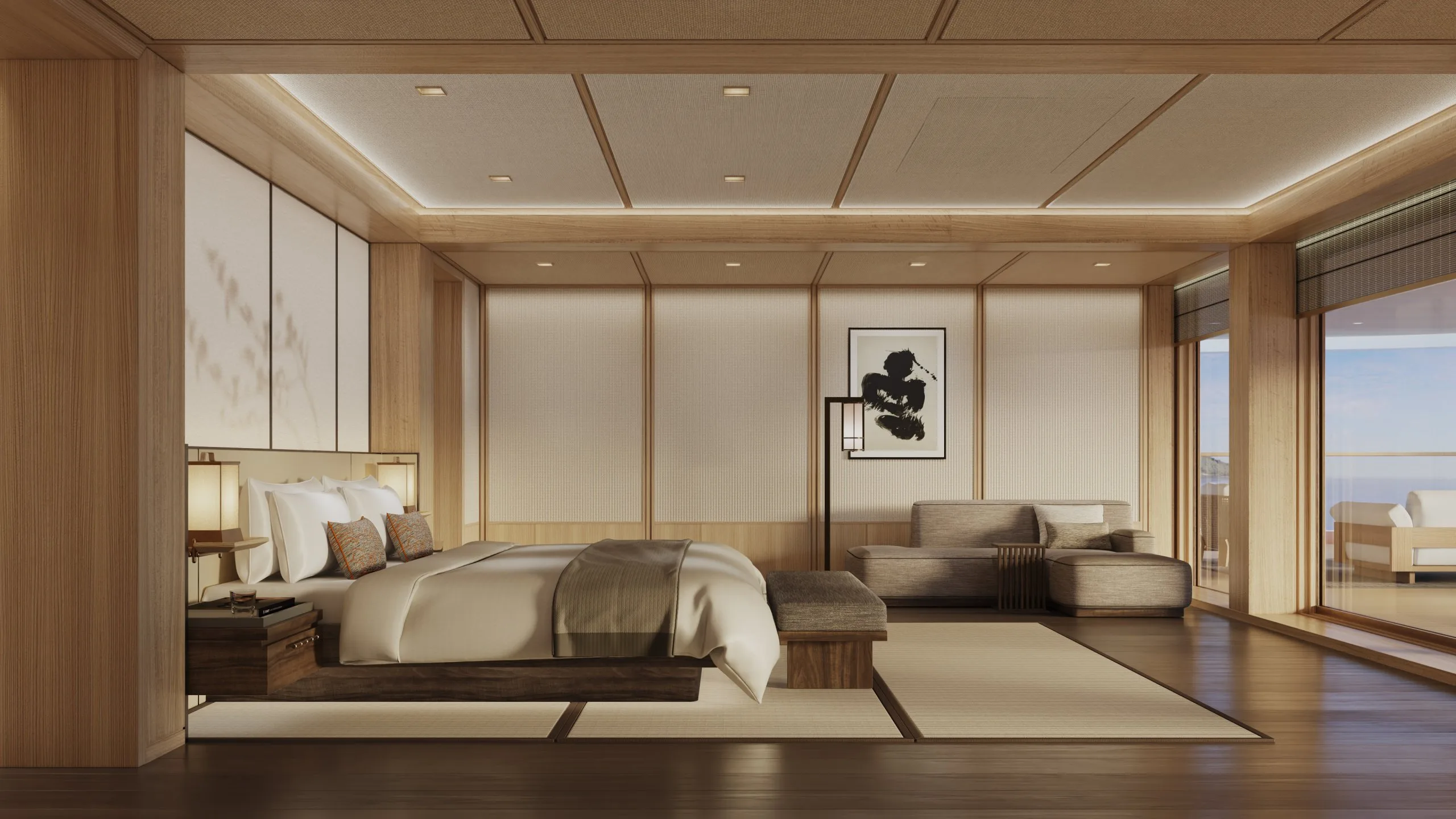 Rendering of the Aman Suite aboard Amangati, a ryokan-style bedroom opening onto a private sea terrace