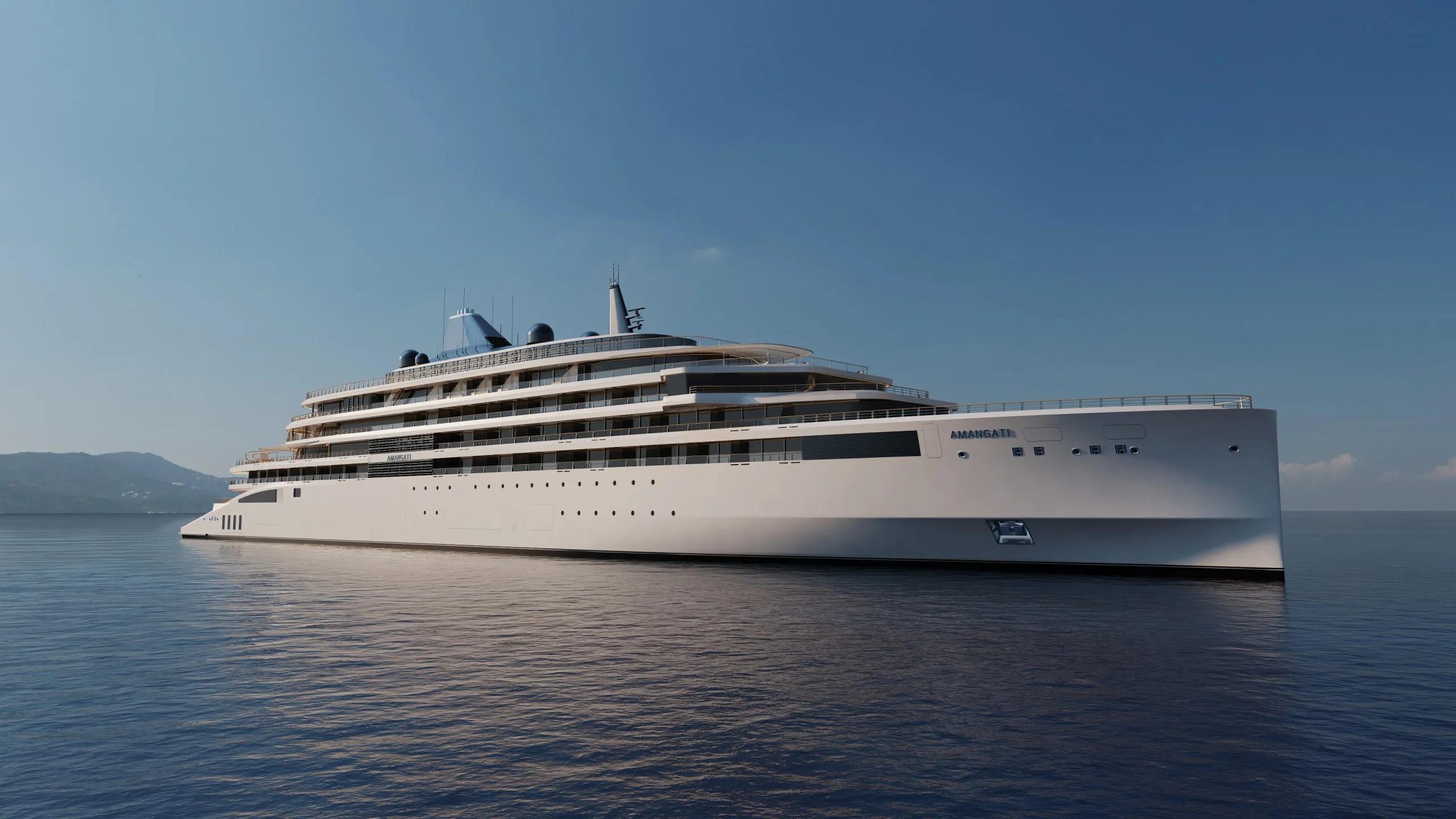 Rendering of Amangati at anchor, the 180-metre hull with her name on the bow