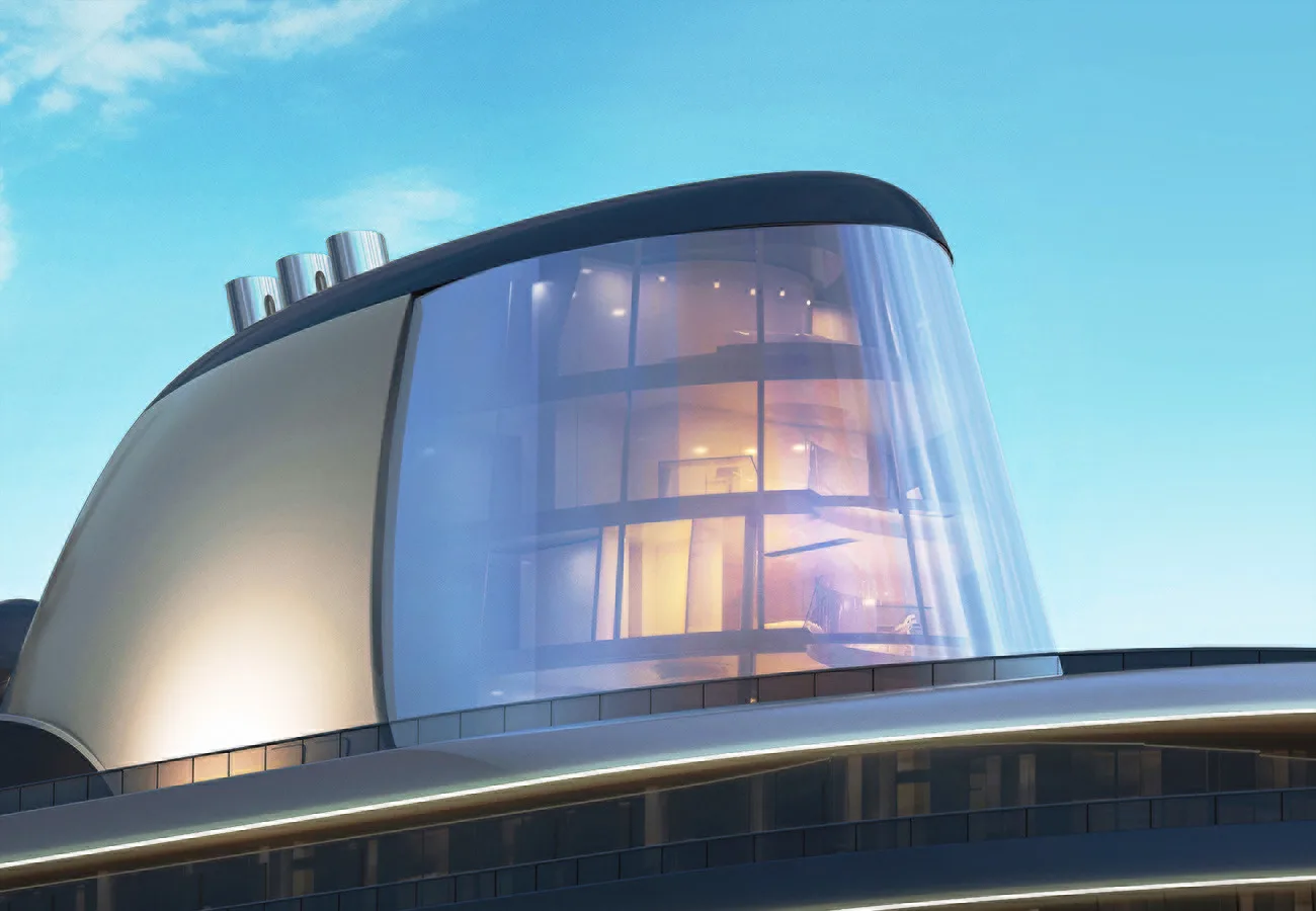 The glass funnel of Four Seasons I lit from within at dusk, the Funnel Suite's levels visible through the curved glass (Four Seasons rendering)