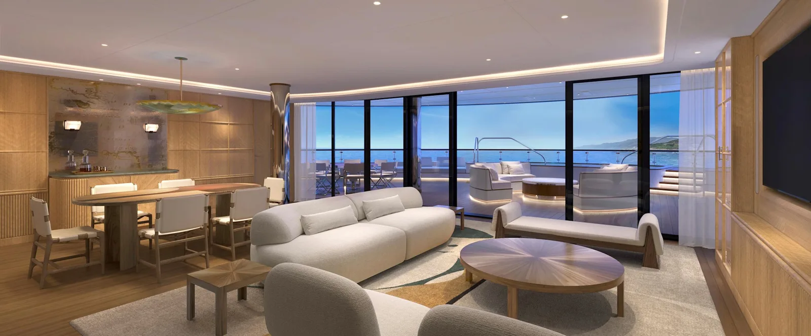 Living room of the Saint-Tropez and Portofino Suites on Four Seasons I, a dining table for six by a wall of glass onto the terrace (Four Seasons rendering)