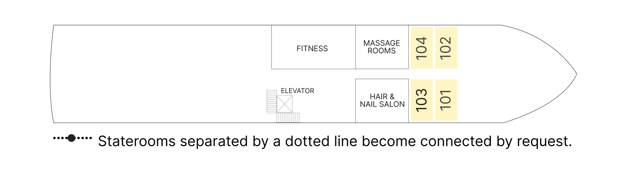 Acacia Deck plan of AmaDahlia, showing the fitness room, massage rooms, hair and nail salon, and staterooms 101 to 104 forward