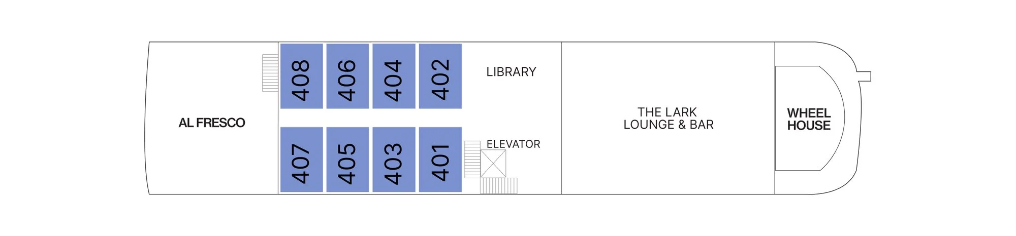 Jasmine Deck plan of AmaDahlia, showing Al Fresco aft, staterooms 401 to 408, the library, The Lark Lounge and Bar and the wheelhouse
