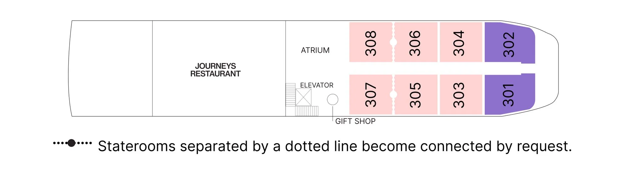 Lily Deck plan of AmaDahlia, showing the Journeys Restaurant aft, the atrium and gift shop, and staterooms 301 to 308 forward