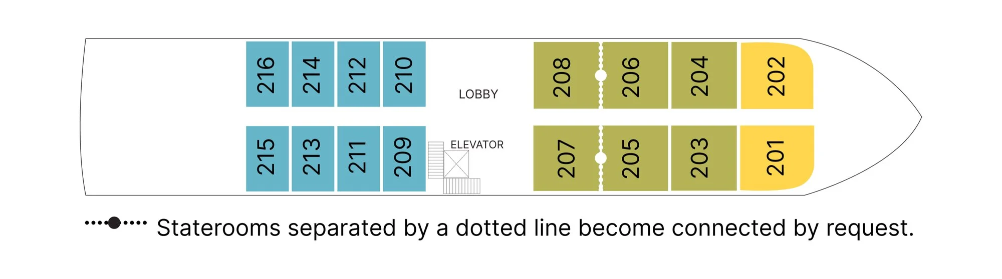 Lotus Deck plan of AmaDahlia, showing staterooms 209 to 216 aft, the lobby, and staterooms 201 to 208 forward