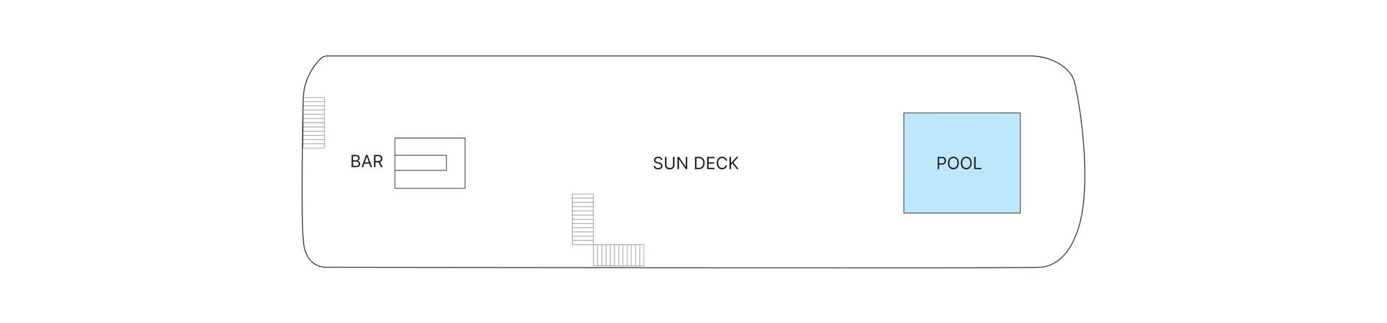 Sun Deck plan of AmaDahlia, showing the bar, the open sun deck and the pool