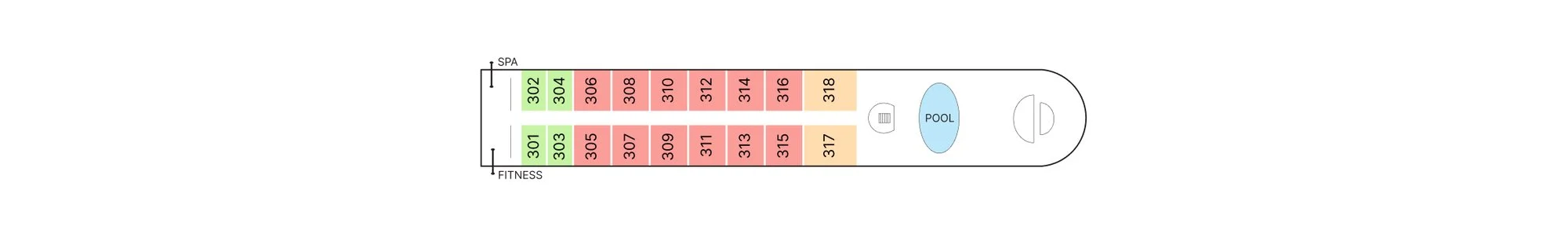Sadec (Sun Deck) plan of AmaDara, showing the spa and fitness room aft, staterooms 301 to 318 and the pool forward
