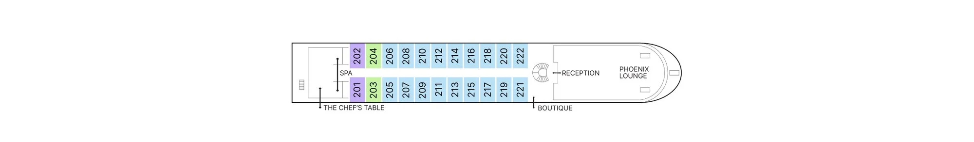 Saigon (Upper Deck) plan of AmaDara, showing The Chef's Table and spa aft, staterooms 201 to 222, reception, the boutique and the Phoenix Lounge forward