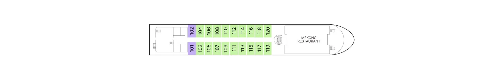 Tonle (Main Deck) plan of AmaMaya, showing staterooms 101 to 120 and the Mekong Restaurant forward