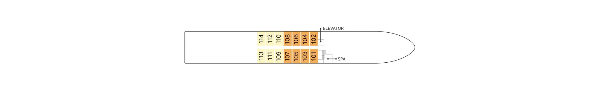 Douro Deck plan of AmaDouro, showing staterooms 101 to 114 and the spa