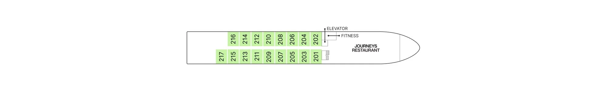 Lisbon Deck plan of AmaDouro, showing staterooms 201 to 217, the fitness room and the Journeys Restaurant forward