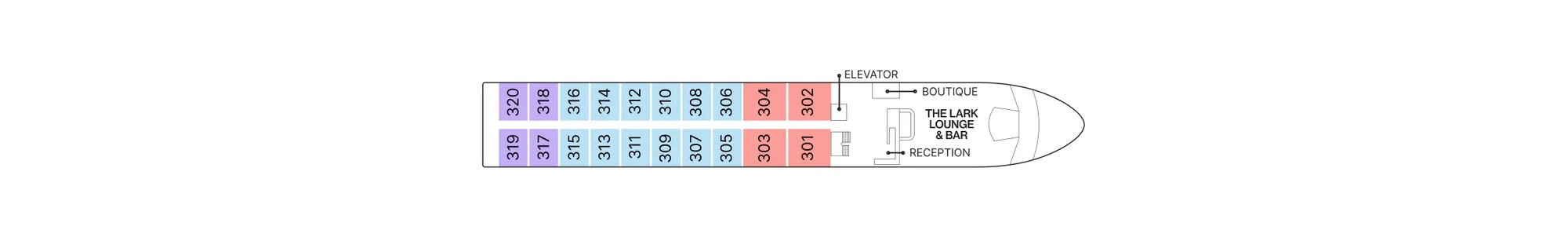 Porto Deck plan of AmaDouro, showing staterooms 301 to 320, the boutique, reception and The Lark Lounge and Bar forward