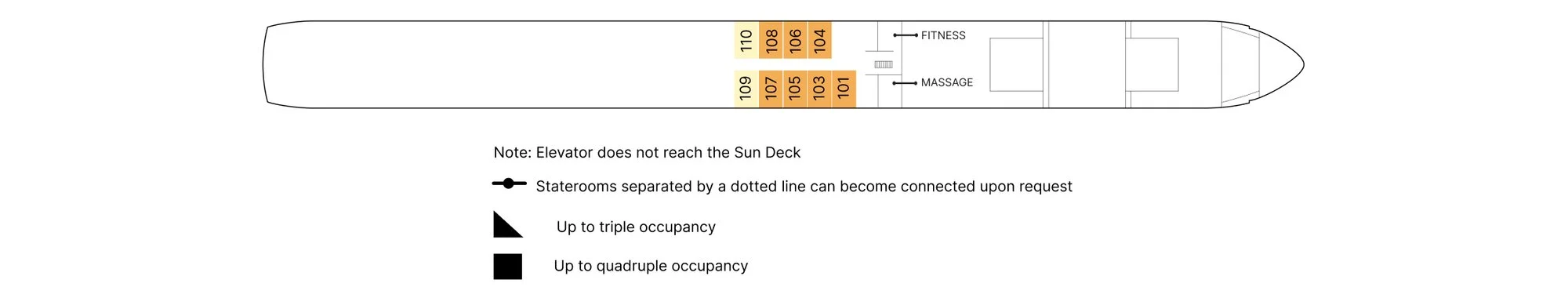 Piano Deck plan of AmaKristina, showing staterooms 101 and 103 to 110, the fitness room and the massage room