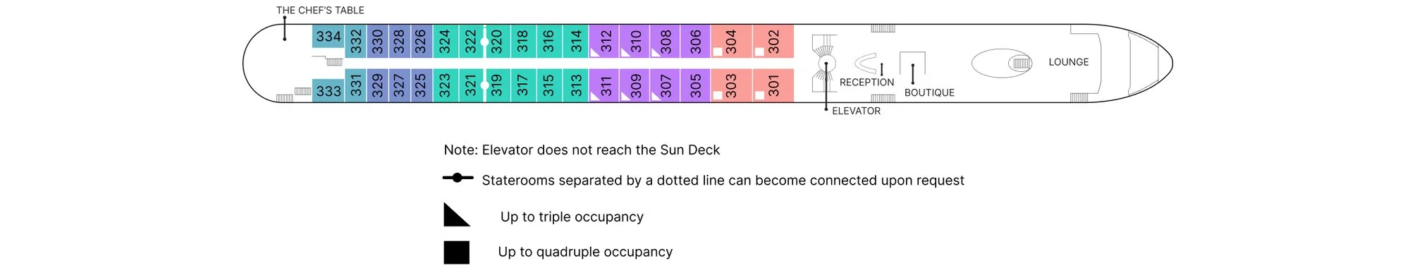 Violin Deck plan of AmaKristina, showing The Chef's Table aft, staterooms 301 to 334, reception, the boutique and the lounge forward