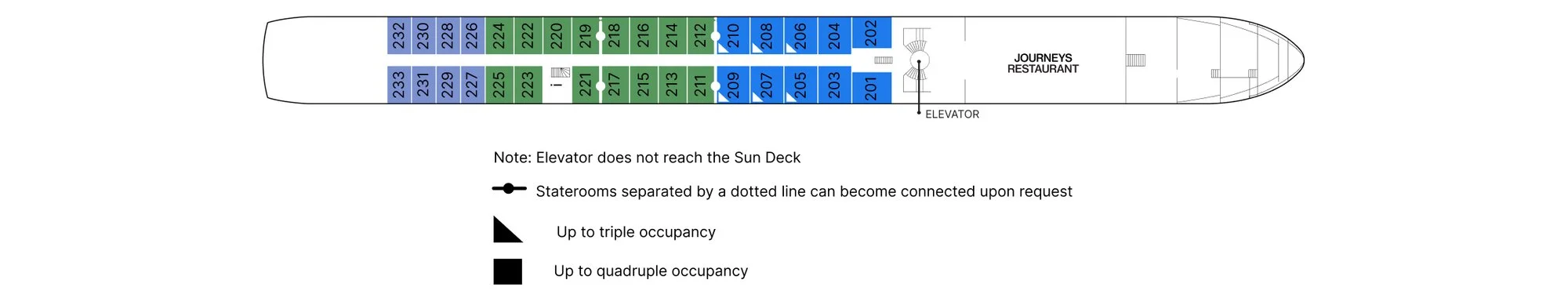 Cello Deck plan of AmaLea, showing staterooms 201 to 233 and the Journeys Restaurant forward