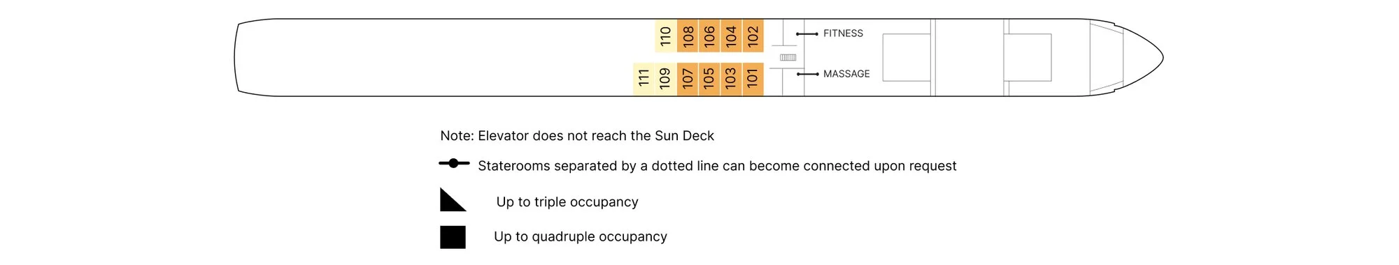 Piano Deck plan of AmaLea, showing staterooms 101 to 111, the fitness room and the massage room