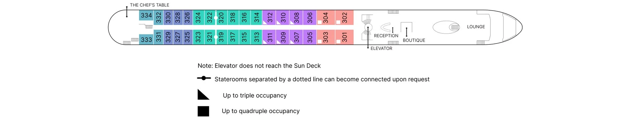 Violin Deck plan of AmaLea, showing The Chef's Table aft, staterooms 301 to 334, reception, the boutique and the lounge forward
