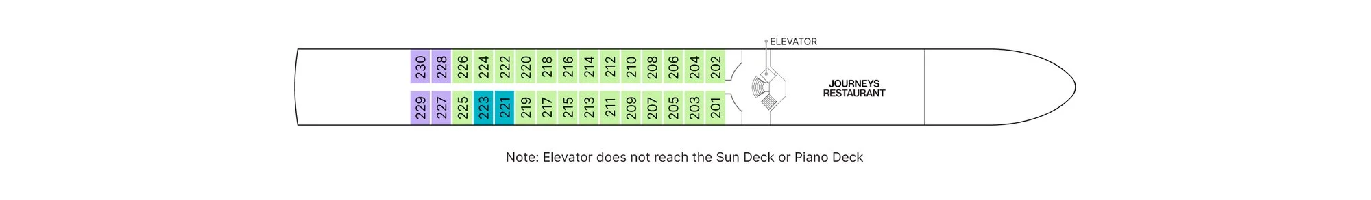 Cello Deck plan of AmaLyra, showing staterooms 201 to 230 and the Journeys Restaurant forward