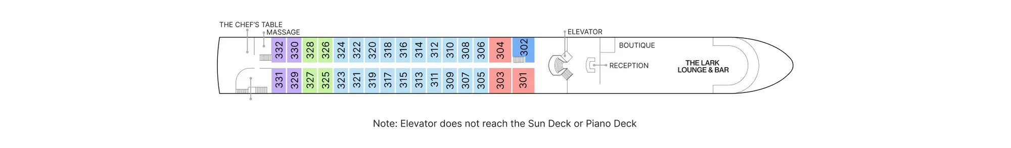 Violin Deck plan of AmaLyra, showing The Chef's Table and massage aft, staterooms 301 to 332, reception, the boutique and The Lark Lounge and Bar forward