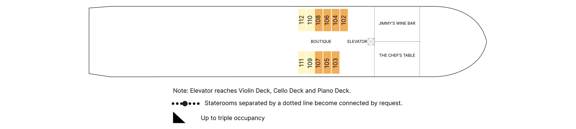 Piano Deck plan of AmaMagna, showing staterooms 102 to 112, the boutique, Jimmy's Wine Bar and The Chef's Table forward