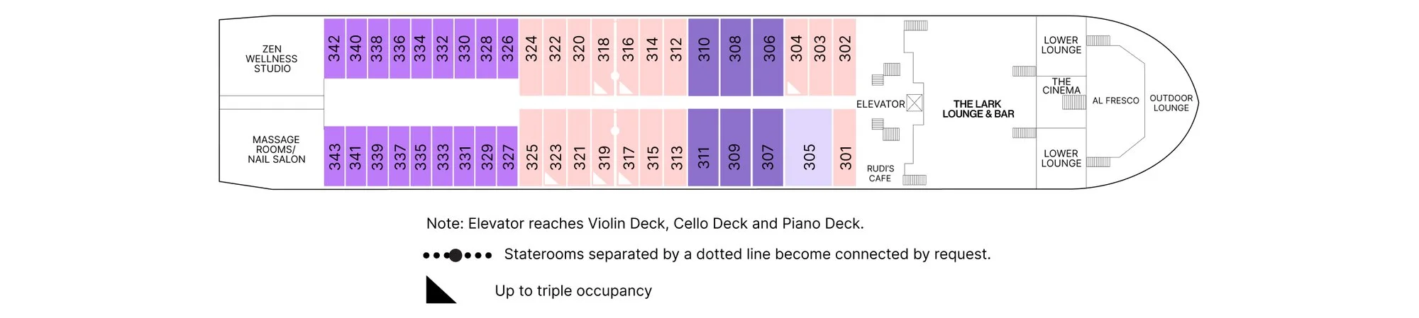 Violin Deck plan of AmaMagna, showing the Zen Wellness Studio and massage rooms aft, staterooms 301 to 343 including the Owner's and Grand Suites, The Lark Lounge and Bar, Rudi's Cafe, the cinema and Al Fresco forward