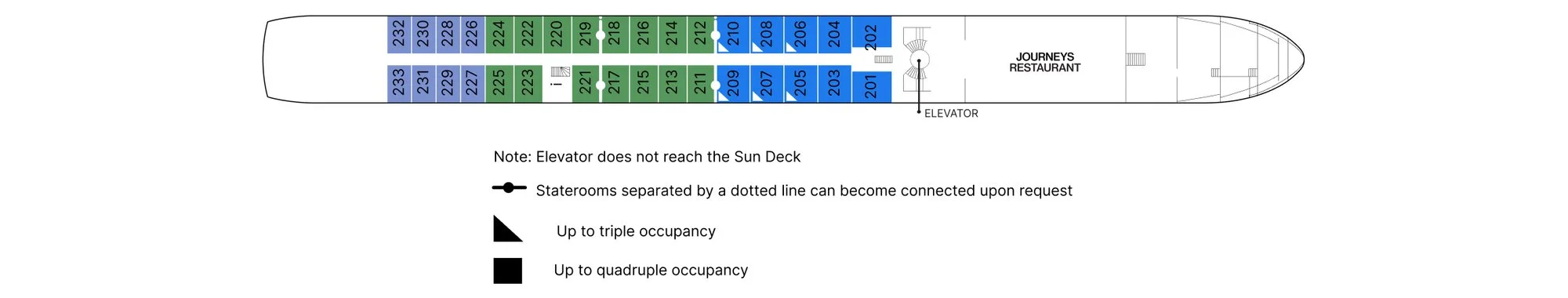 Cello Deck plan of AmaSofia, showing staterooms 201 to 233 and the Journeys Restaurant forward