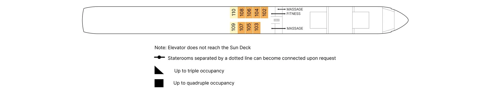 Piano Deck plan of AmaSofia, showing staterooms 102 to 110, the fitness room and two massage rooms