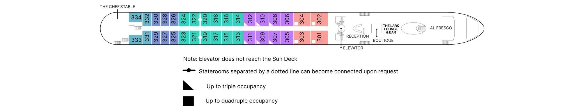 Violin Deck plan of AmaSofia, showing The Chef's Table aft, staterooms 301 to 334, reception, the boutique, The Lark Lounge and Bar and Al Fresco forward