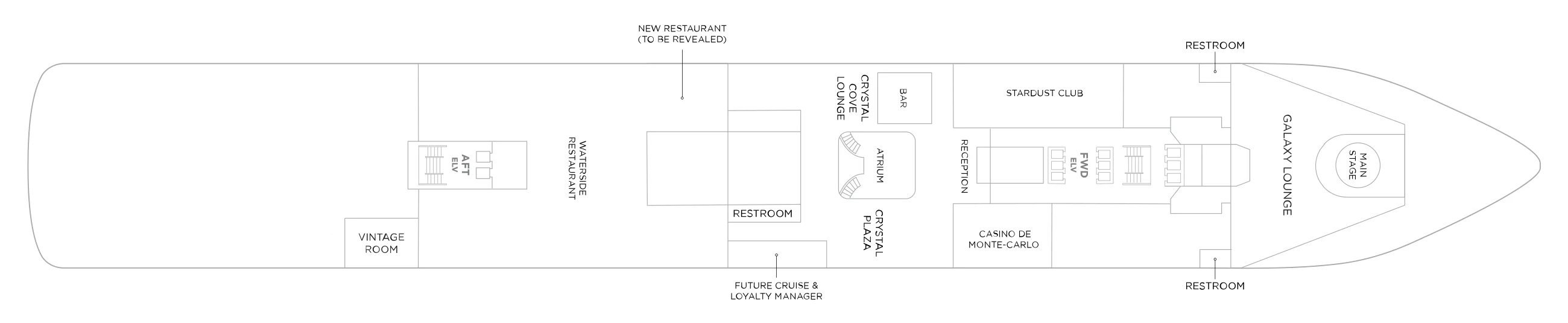 Deck 4 plan of Crystal Grace, showing the Vintage Room and Waterside Restaurant aft, a new restaurant marked to be revealed, the atrium and Crystal Cove Lounge, the Stardust Club and casino, and the Galaxy Lounge forward