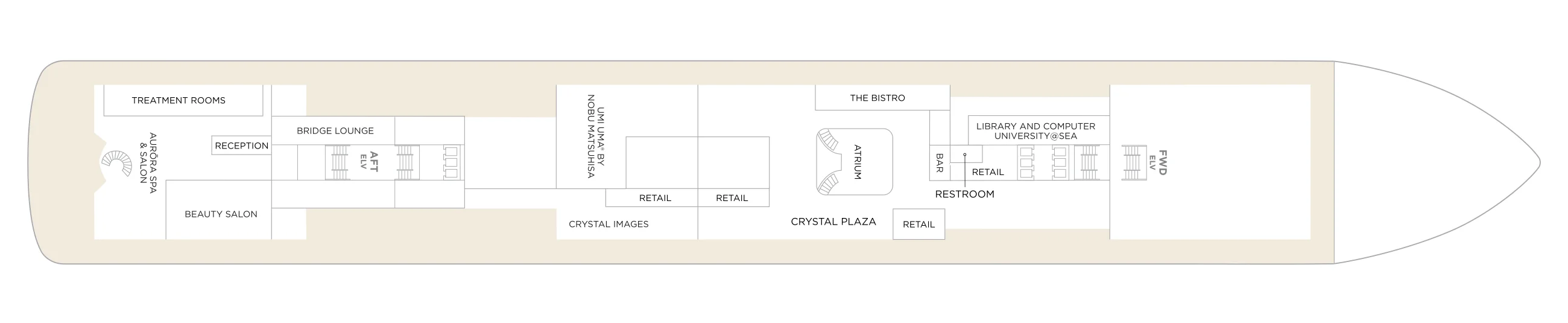 Deck 5 plan of Crystal Grace, showing the Aurōra spa and salon with treatment rooms aft, the Bridge Lounge, Umi Uma, Crystal Images, the Crystal Plaza shops, The Bistro, and the library and Computer University@Sea