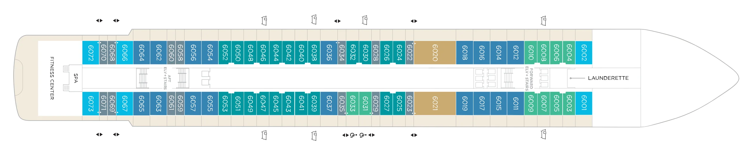 Deck 6 plan of Crystal Grace, showing the fitness center at the stern, guest rooms and suites along both sides, two Penthouse Suites forward of midships and the launderette forward