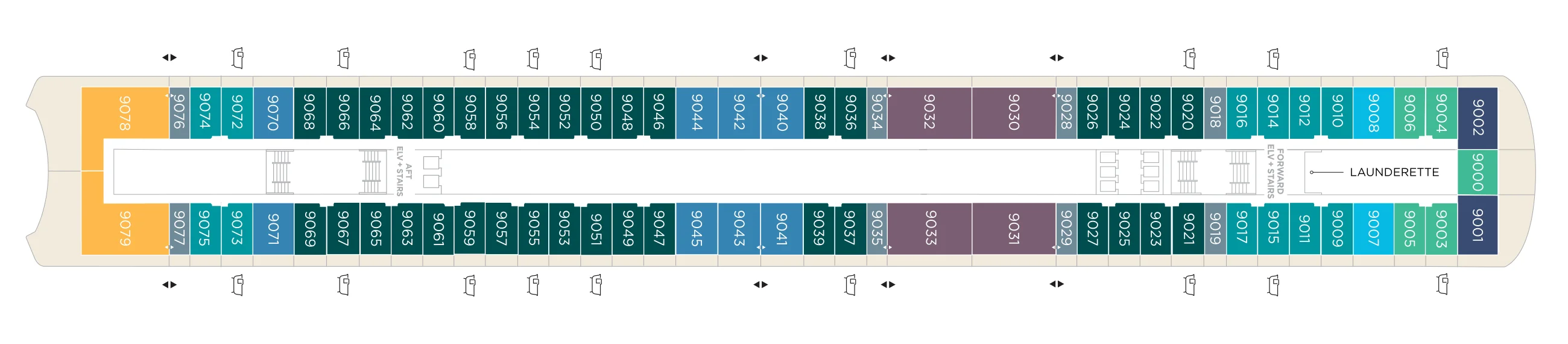 Deck 9 plan of Crystal Grace, showing two Penthouse Panorama Suites at the stern, four larger suites midships, and suites along both sides to the bow